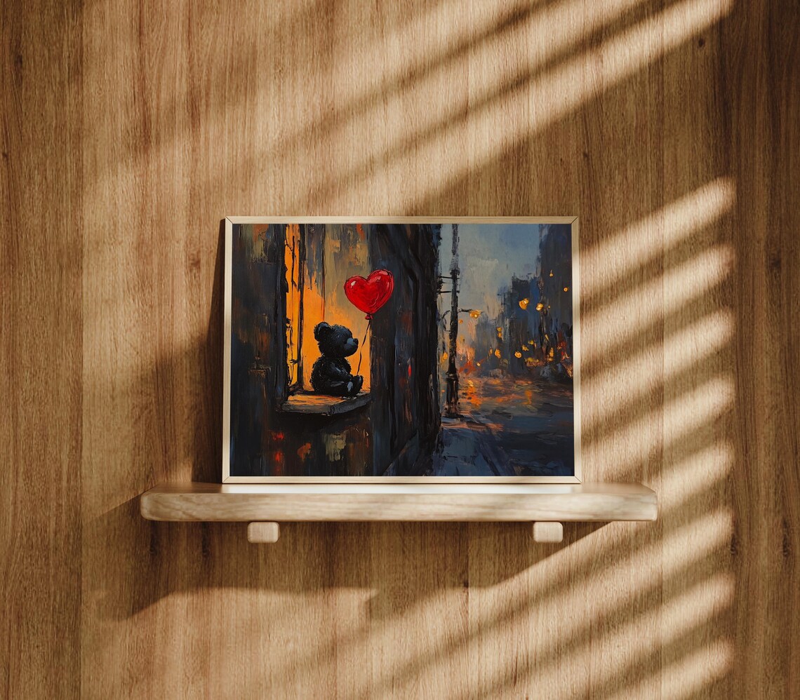 Teddy Bear Holding Red Heart Balloon Rainy Night Street Vintage Poster - Image 3