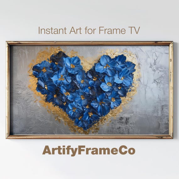 Valentines Day Frame Tv Art Gold Heart Blue Flowers Cute Romantic Valentines Day Frame Tv Art Abstract Textured Painting Tv092