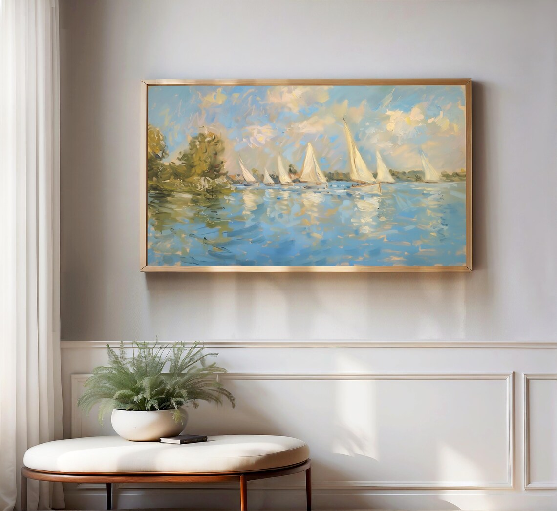 Impressionist Sailboats on River Sunny Regatta Sailing Scene Poster - Image 3