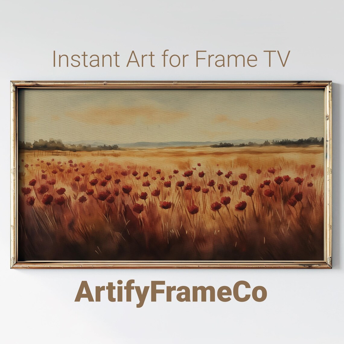 Crimson Poppy Field Watercolor Golden Meadow Frame TV Art Poster