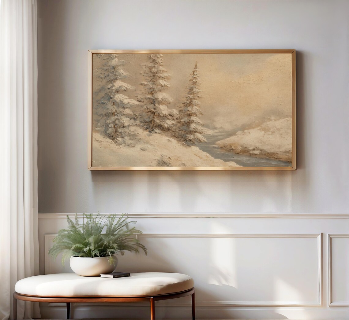 Snowy Pine Trees Misty Lakeside Winter Oil Painting Style Poster - Image 3