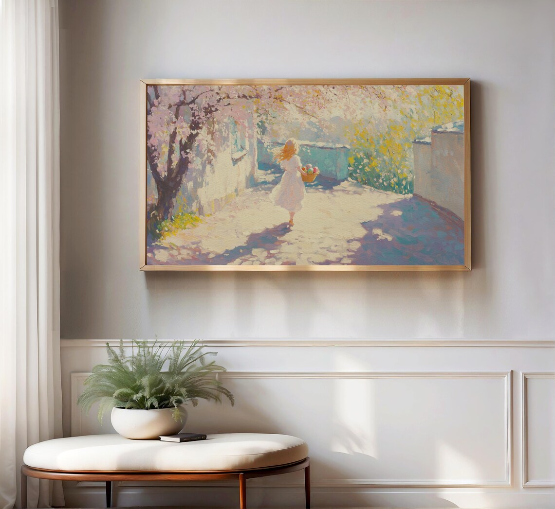 Girl Carrying Easter Eggs Through Blooming Spring Village Painting Poster - Image 3