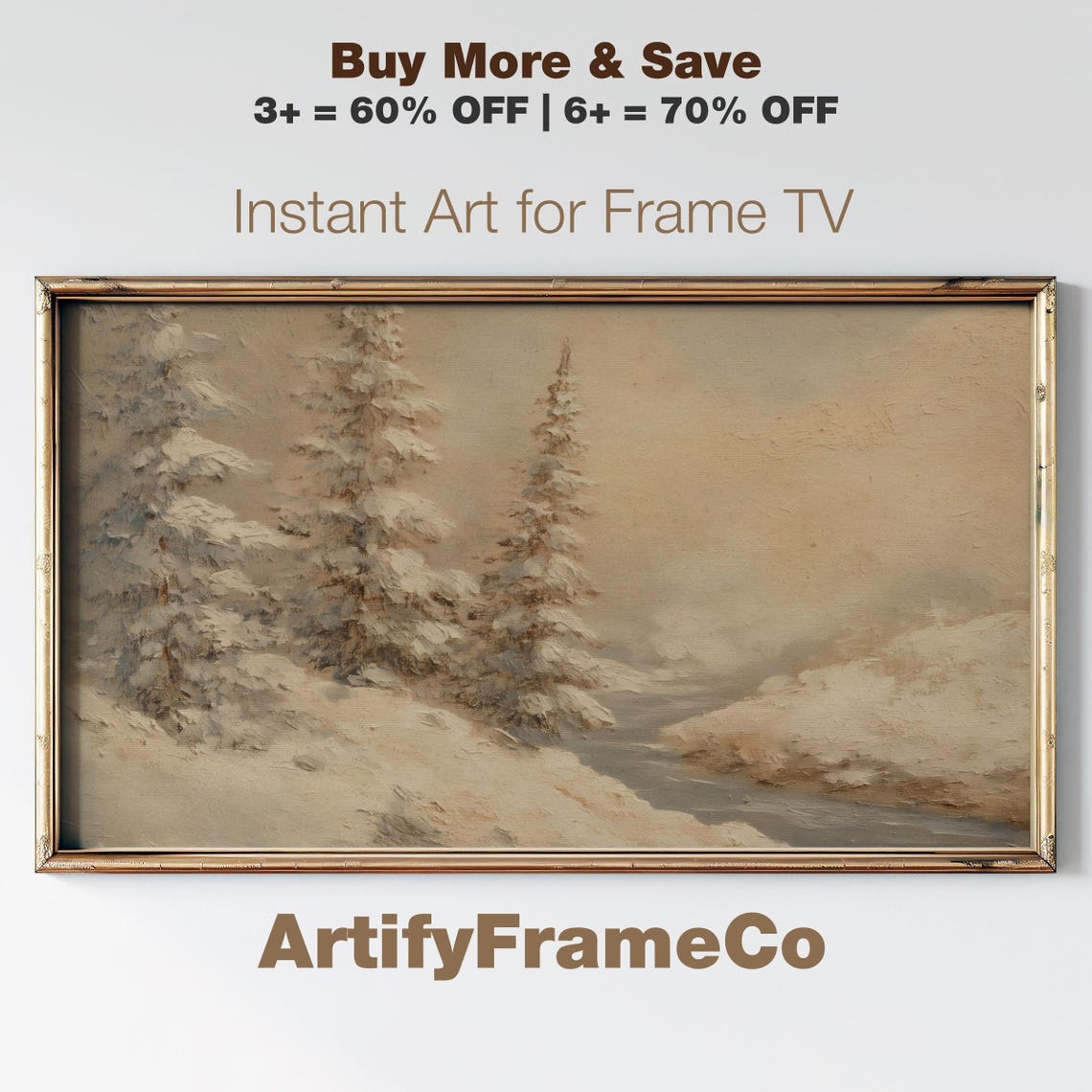 Snowy Pine Trees Misty Lakeside Winter Oil Painting Style Poster