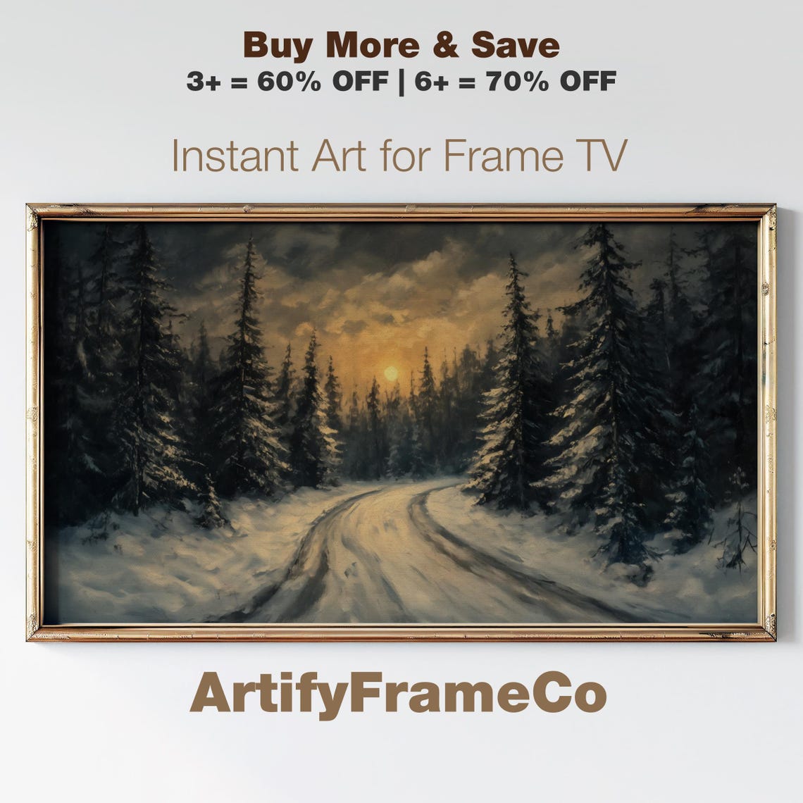 Snowy Forest Road Sunset Dark Pines Winter Frame TV Art Poster