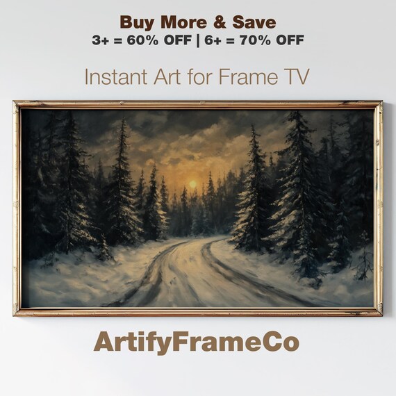 Snowy Forest Road Sunset Dark Pines Winter Frame TV Art Poster