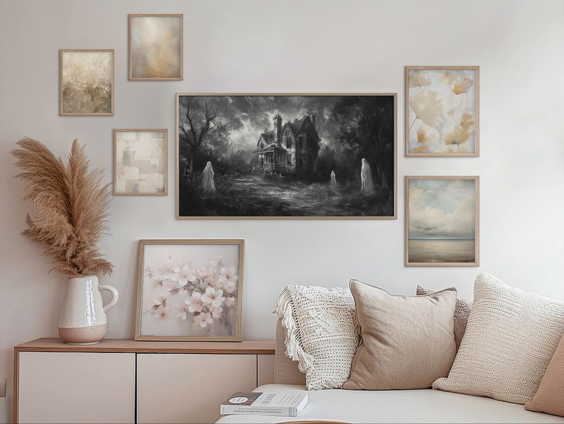 Haunted Mansion With Ghosts Black and White Monochrome Vintage Halloween Wall Art - Image 2
