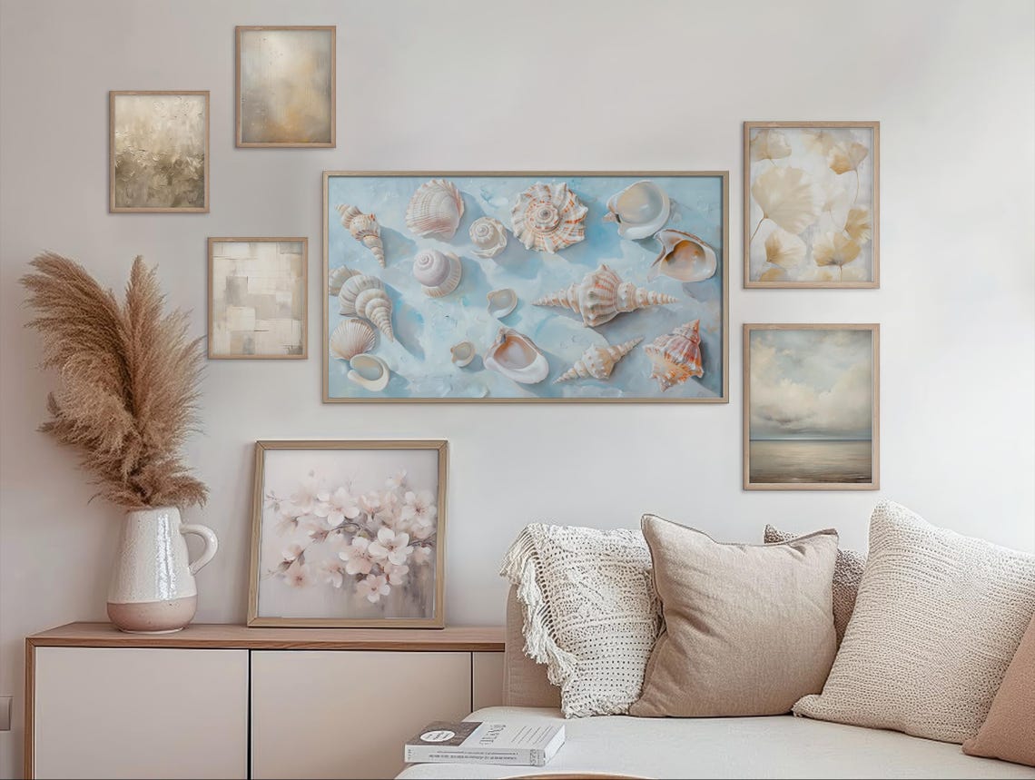 Elegant Seashell Collection Pale Blue Coastal Beach Watercolor Poster - Image 3
