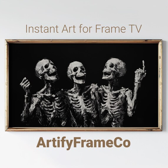 Skeleton Trio in Black and White Minimalist Monochrome Halloween Wall Art