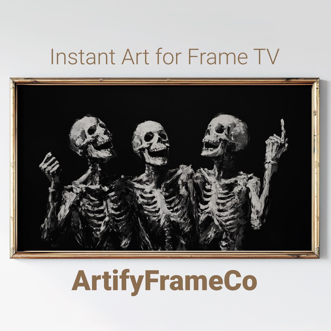 Skeleton Trio in Black and White Minimalist Monochrome Halloween Wall Art