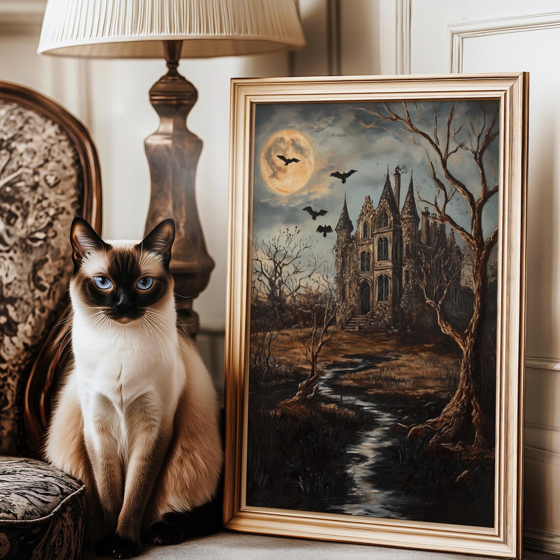 Haunted Gothic Mansion Under Full Moon With Bats Vintage Halloween Wall Art - Image 3