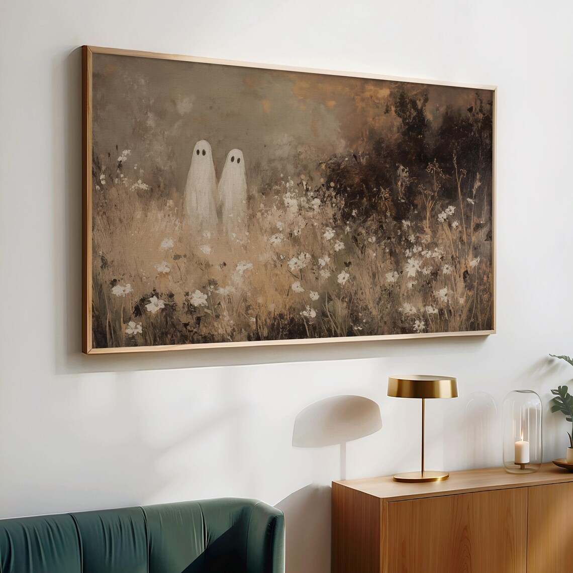 Two Ghosts in a Golden Wildflower Field Vintage Warm Sepia Halloween Wall Art - Image 4