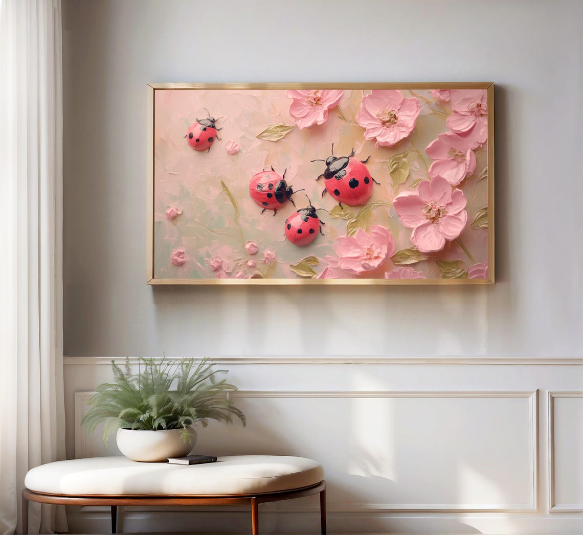 Four Ladybugs Pink Cherry Blossoms Impasto Texture Art Poster - Image 3