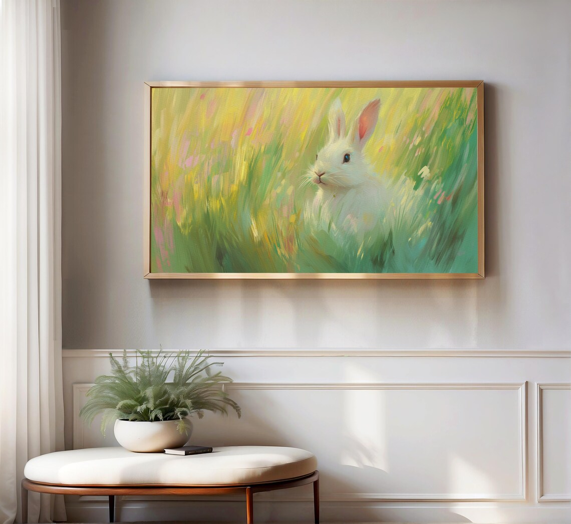White Bunny In Sunny Spring Meadow Impressionist Wildlife Wall Art Poster - Image 3