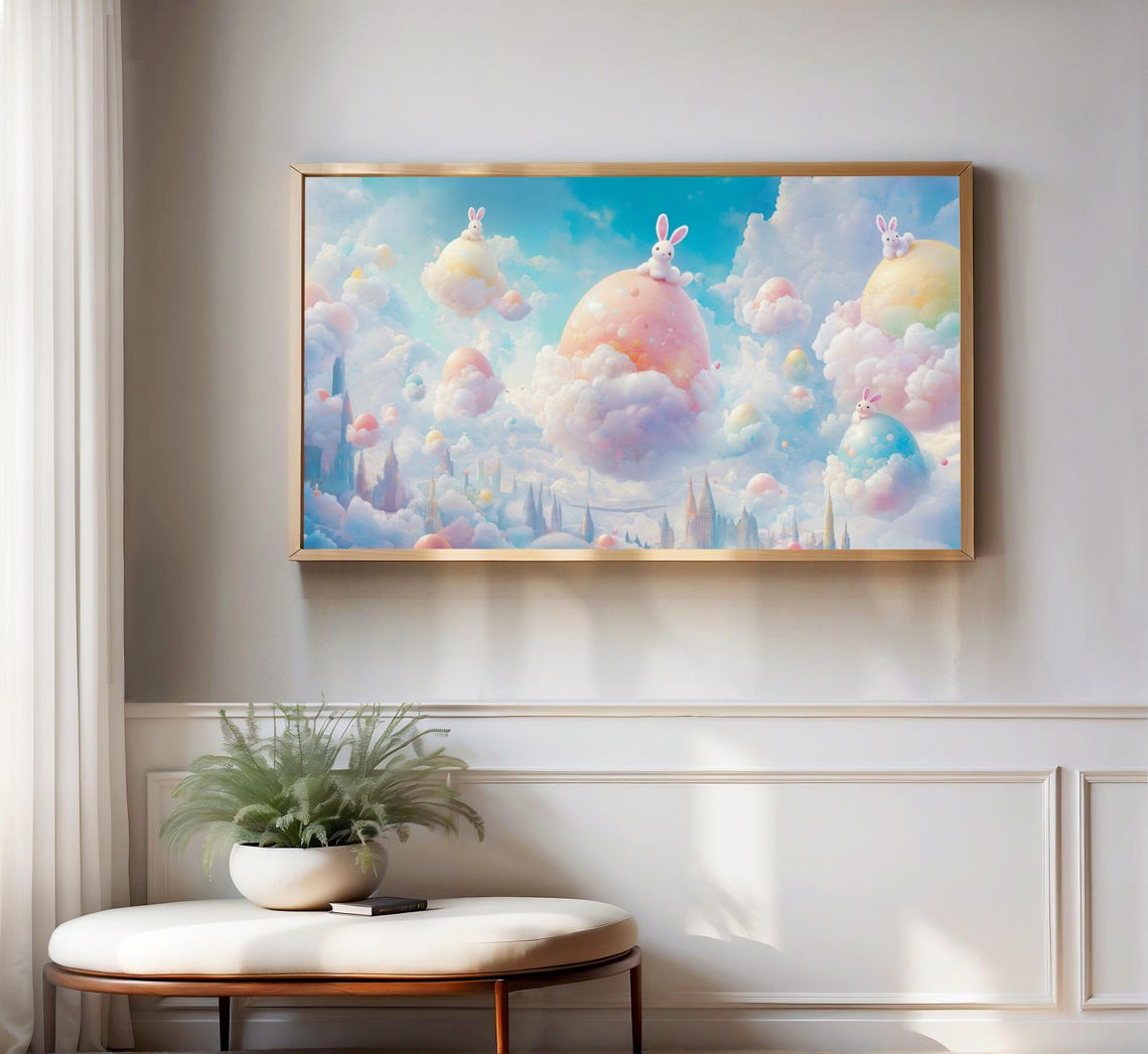 Fantasy Bunnies on Giant Pastel Easter Eggs Floating Cloud Sky Poster - Image 3