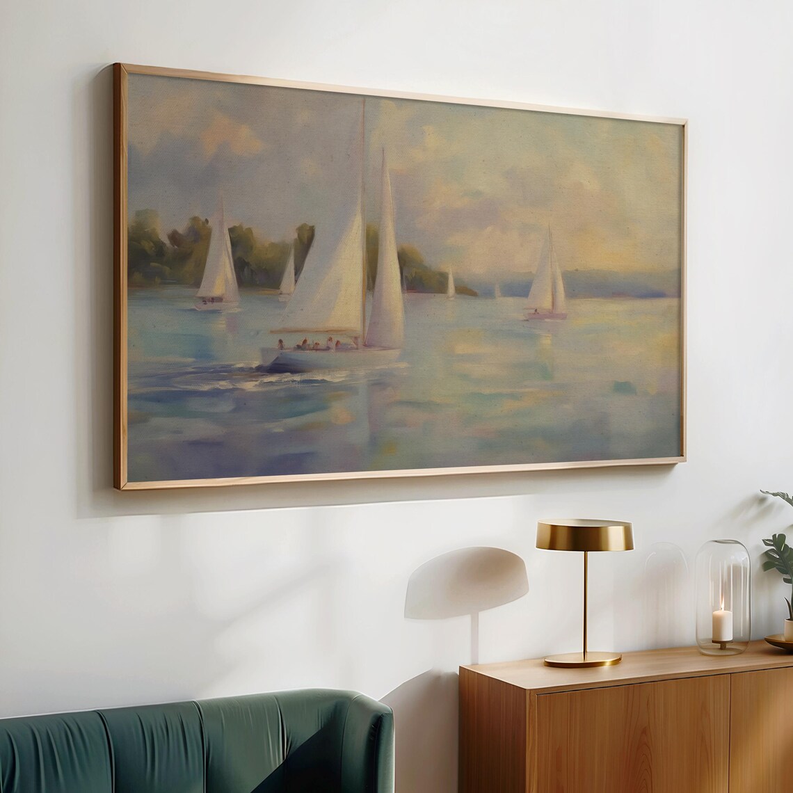 Sailboat Regatta Calm Water Soft Pastel Sky Oil Painting Poster - Image 2