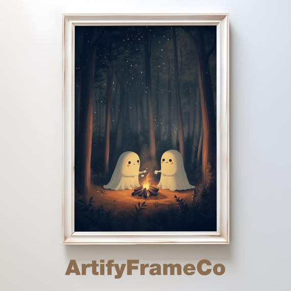 Cute Ghosts Camping Wall Art Kawaii Halloween Decor Ghosts Roasting Marshmallows Trendy Fall Art Home Decor