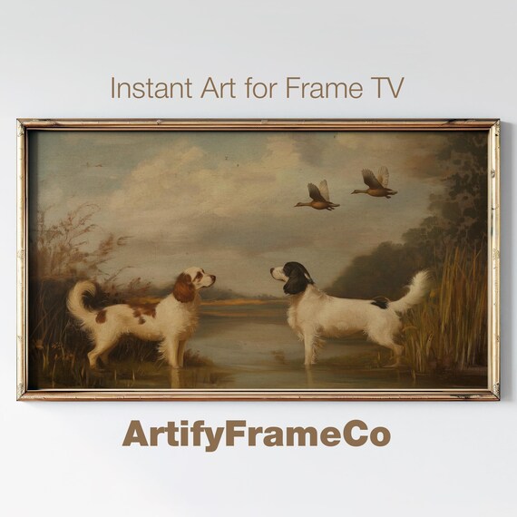 Frame Tv Art Hunting Dogs Vintage Frame Tv Art Flying Ducks Nature Landscape Painting Muted Moody Spring Tv Screensaver Tv115