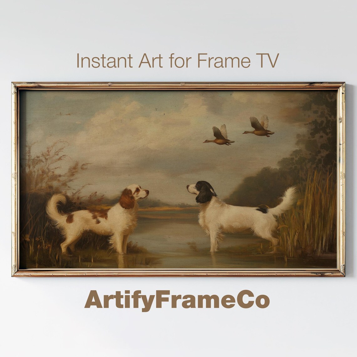 Spaniels In Marshland With Flying Ducks Muted Vintage Oil Painting Poster
