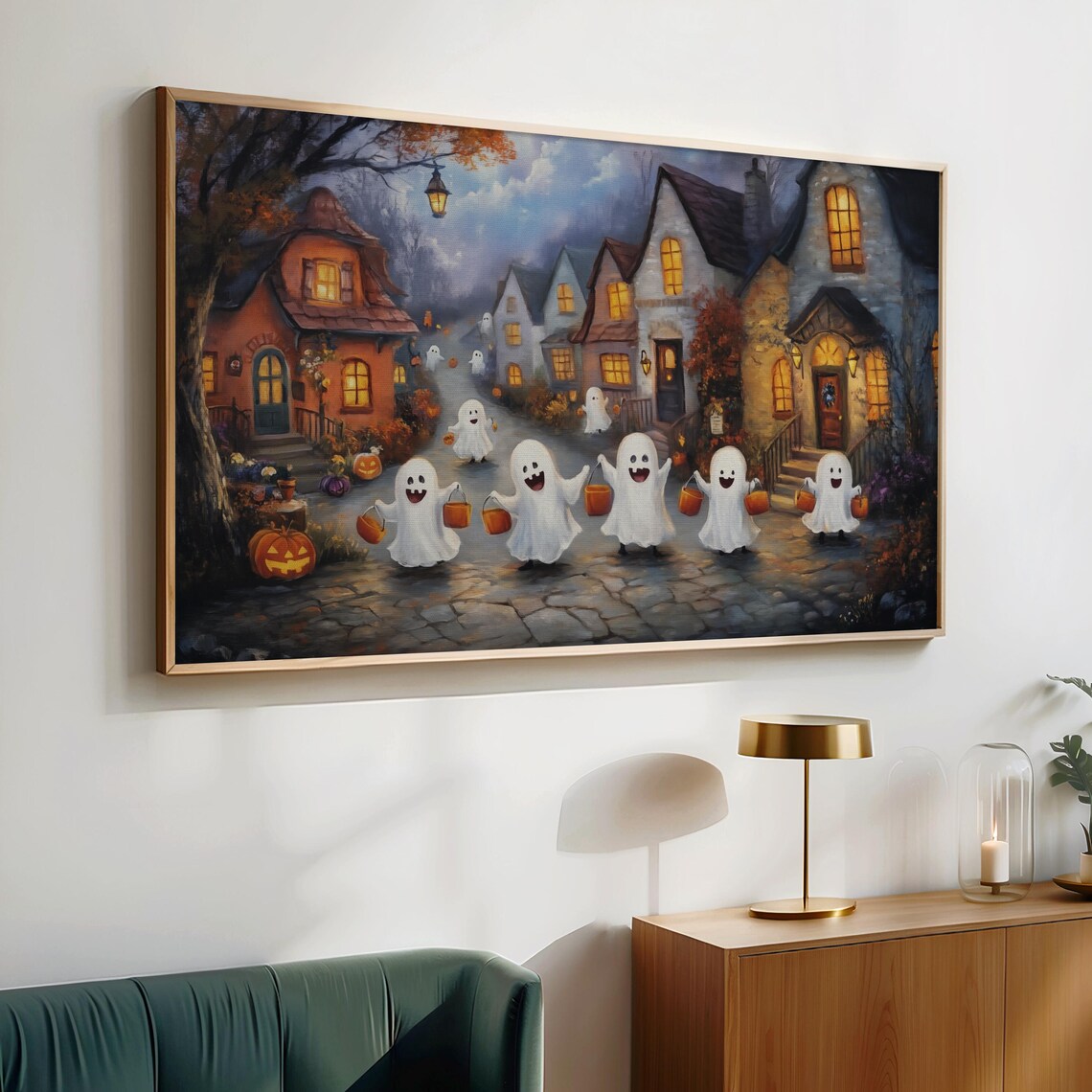 Ghost Children Trick or Treating in a Village Street Halloween Scene Wall Art - Image 4
