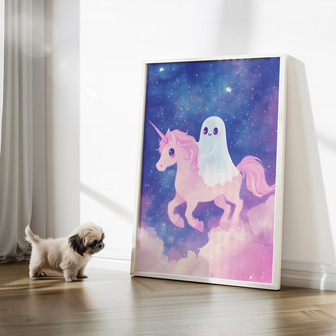 Cute Ghost Riding Pink Unicorn Through A Starry Galaxy Poster - Image 3