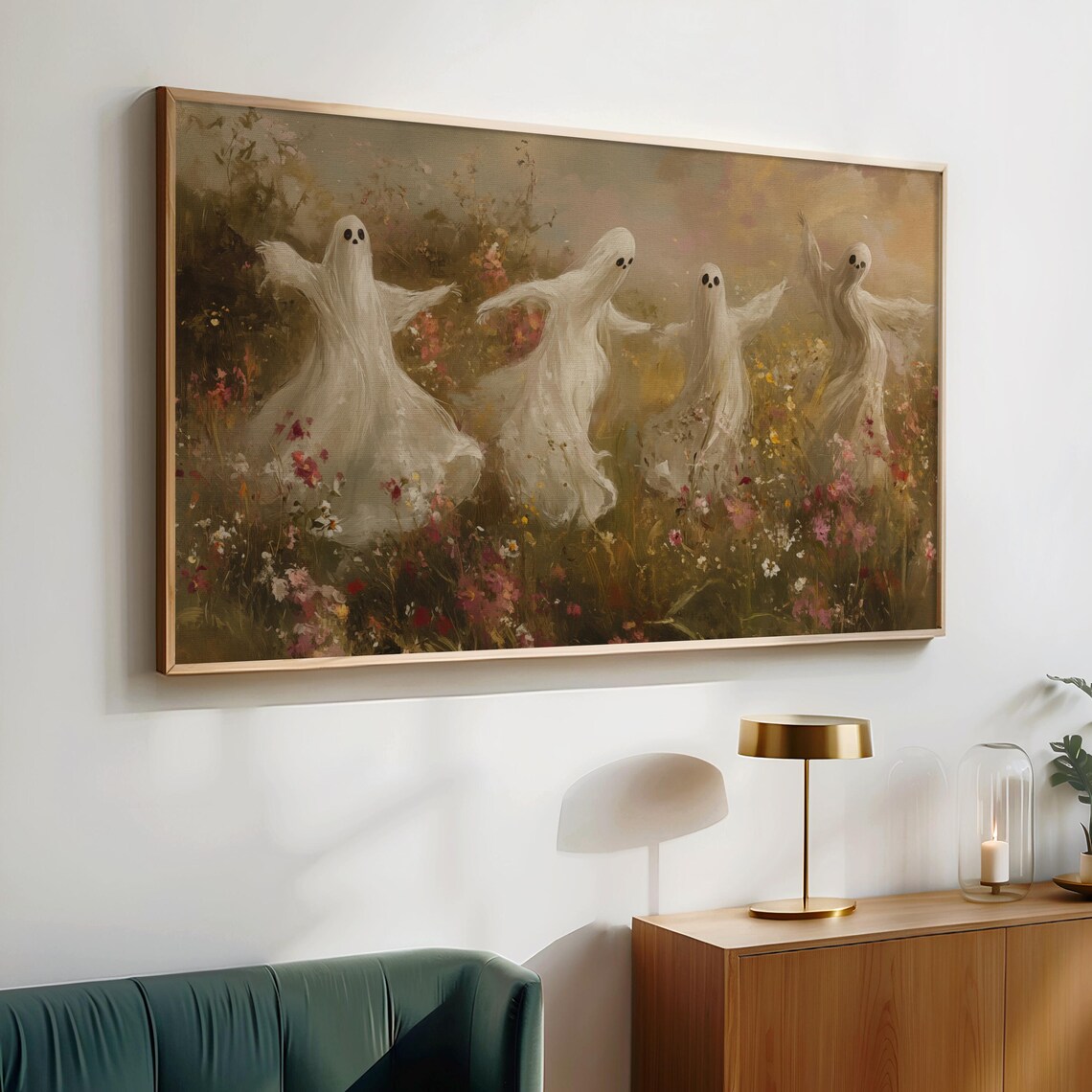 Dancing Ghosts in a Wildflower Field Golden Hour Vintage Halloween Wall Art - Image 4
