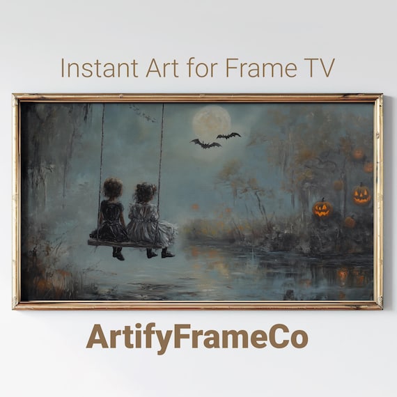 Two Ghost Children Swinging Under Full Moon Halloween Night Poster