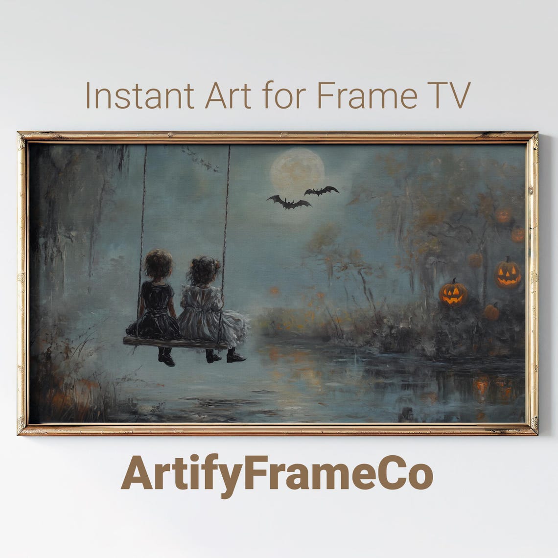 Two Ghost Children Swinging Under Full Moon Halloween Night Poster