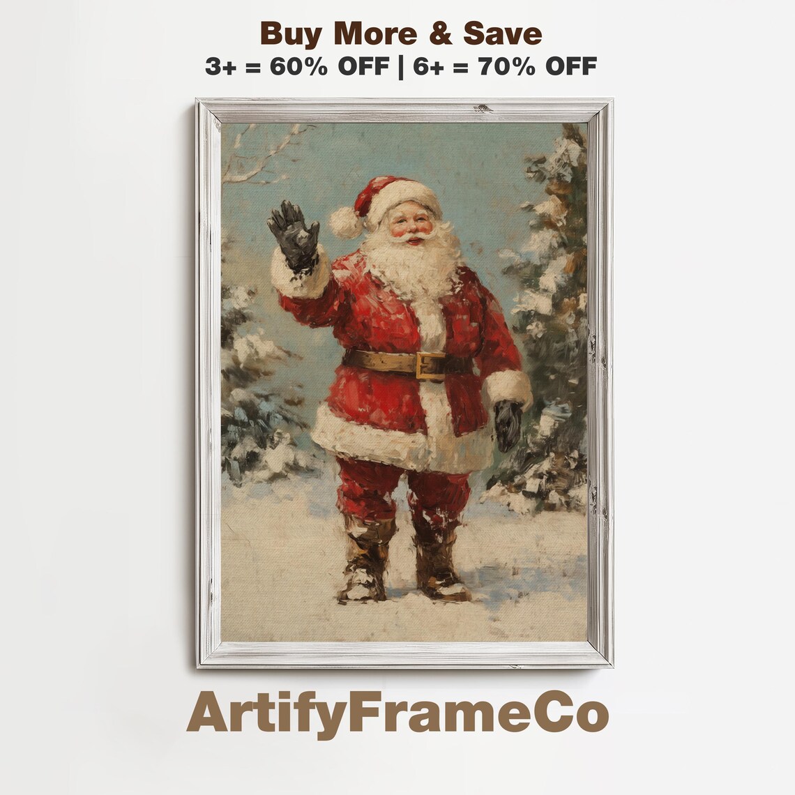 Vintage Santa Waving in Snow Cheerful Christmas Holiday Scene Poster