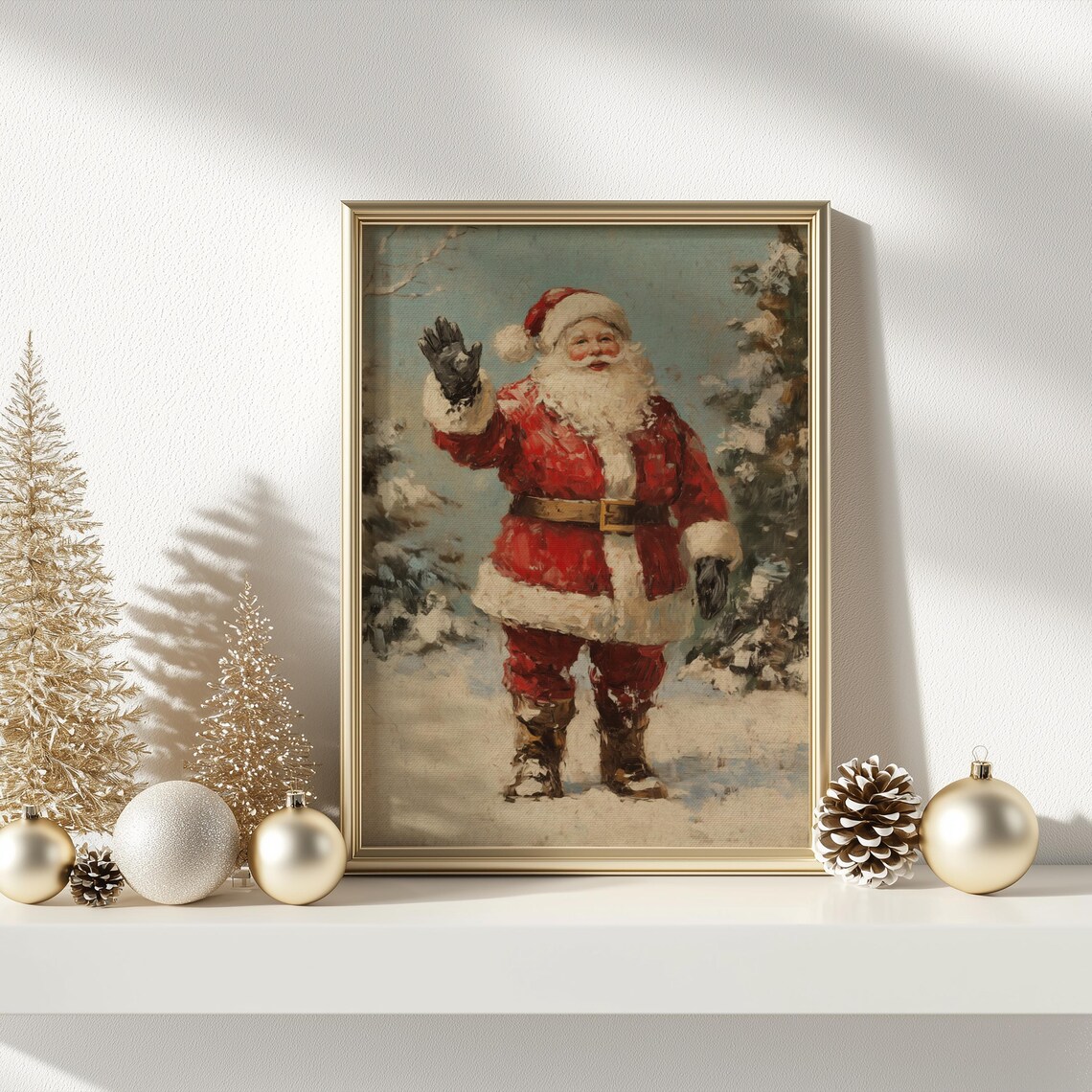 Vintage Santa Waving in Snow Cheerful Christmas Holiday Scene Poster - Image 3