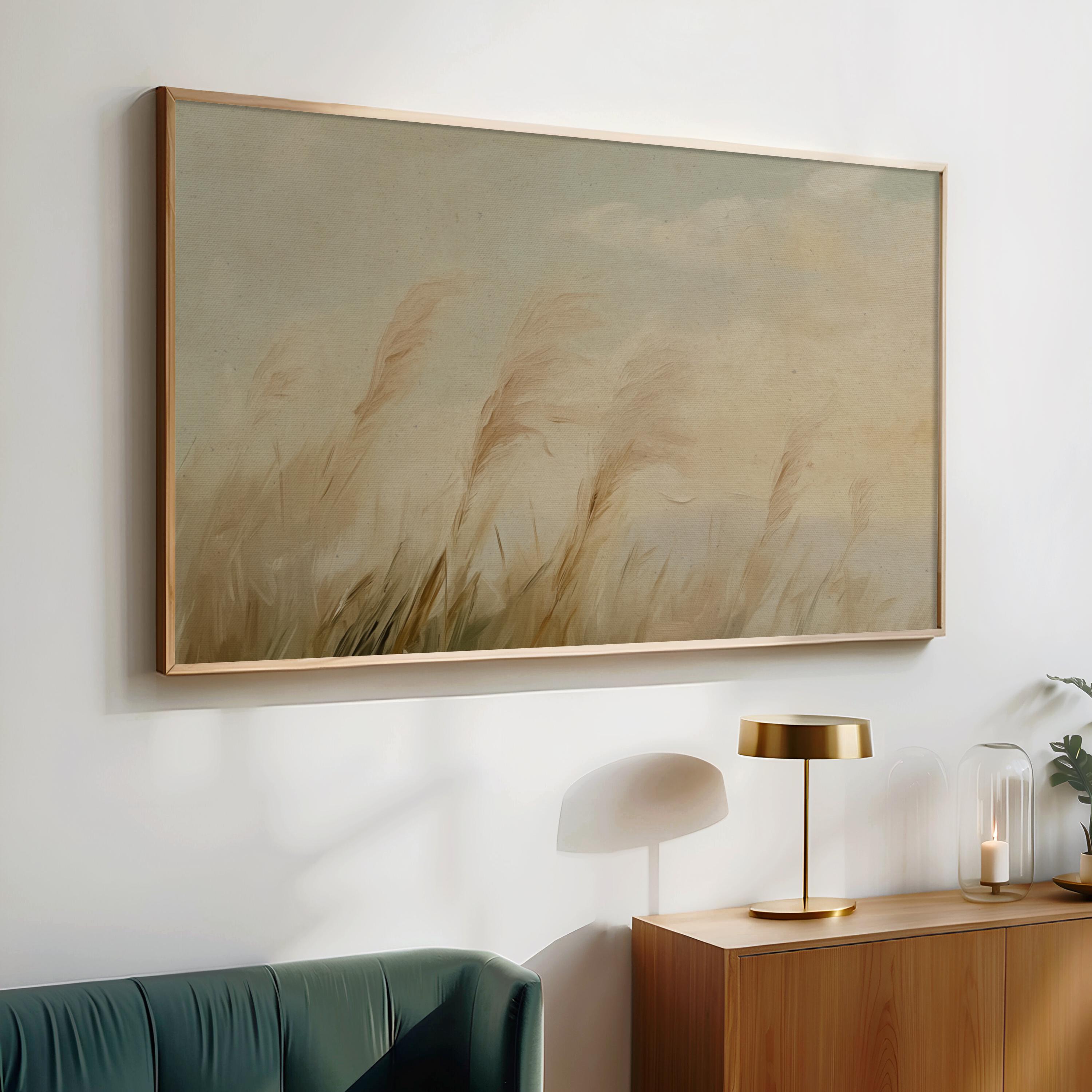 Tall Grasses Blowing Wind Hazy Sky Minimal Landscape Painting Poster - Image 2