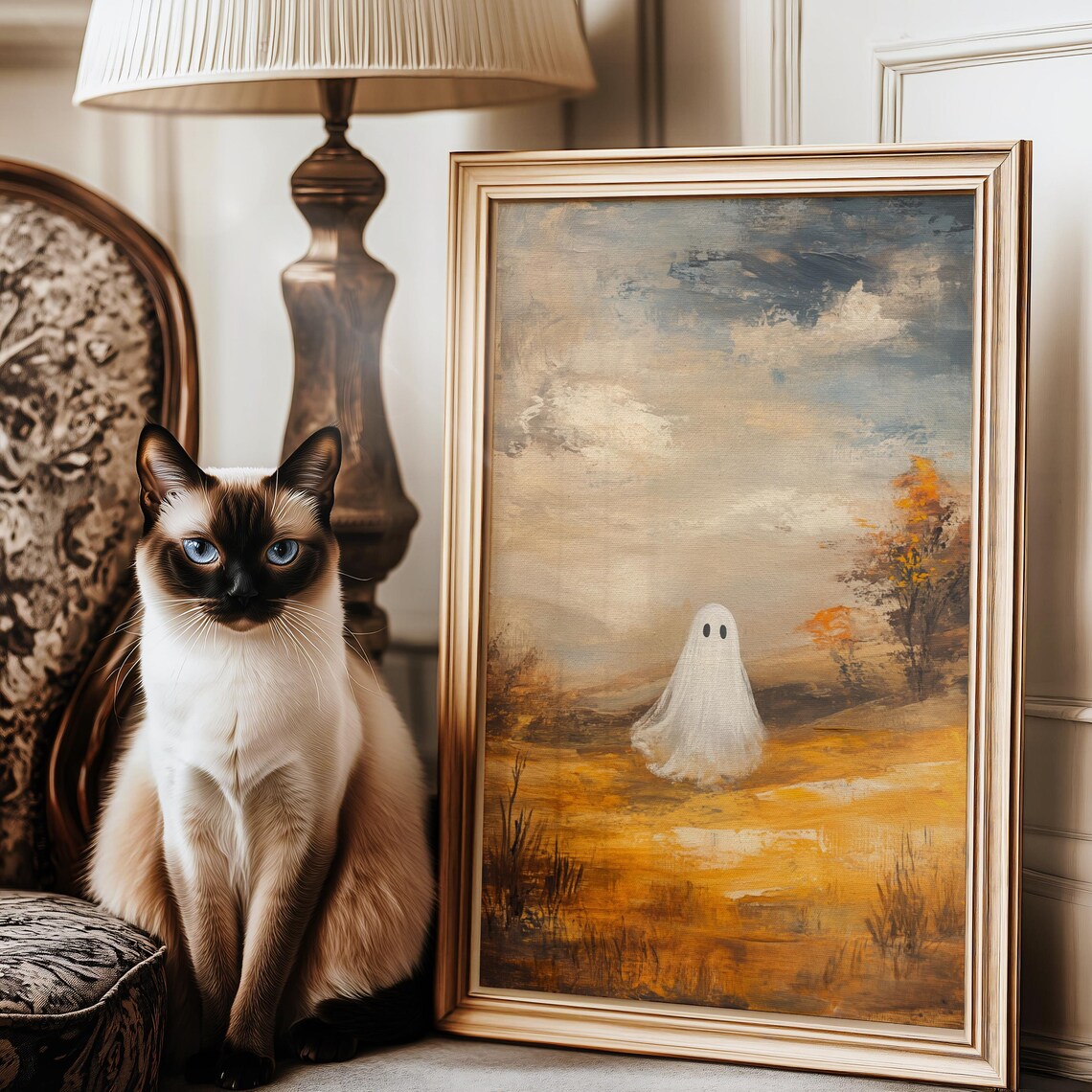 Lonely Ghost in a Golden Autumn Field Vintage Oil Painting Style Wall Art - Image 3