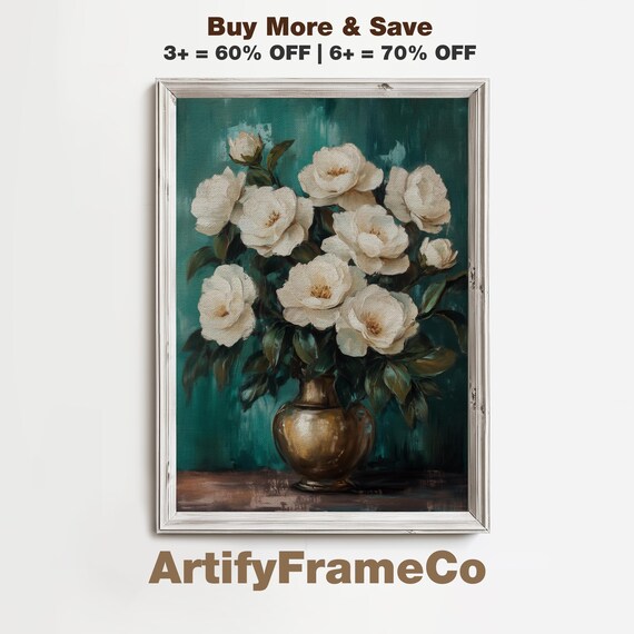 Ivory Camellias In Brass Elegance Wall Art Ivory Emerald Dark Academia Bedroom Year Round Vintage Style Moody Tones