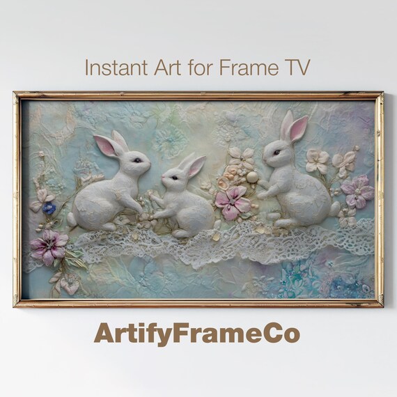 Embroidered Bunny Family 3D Lace With Pastel Flowers Easter Wall Art Poster