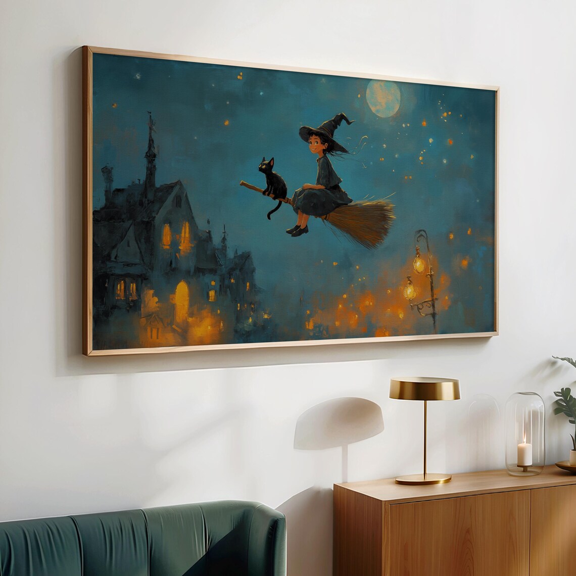 Young Witch and Black Cat Flying on a Broom Under the Moon Halloween Wall Art - Image 4