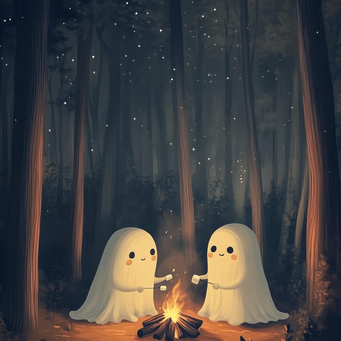 Cute Ghosts Camping Wall Art Kawaii Halloween Decor Ghosts Roasting Marshmallows Trendy Fall Art Home Decor - Image 4