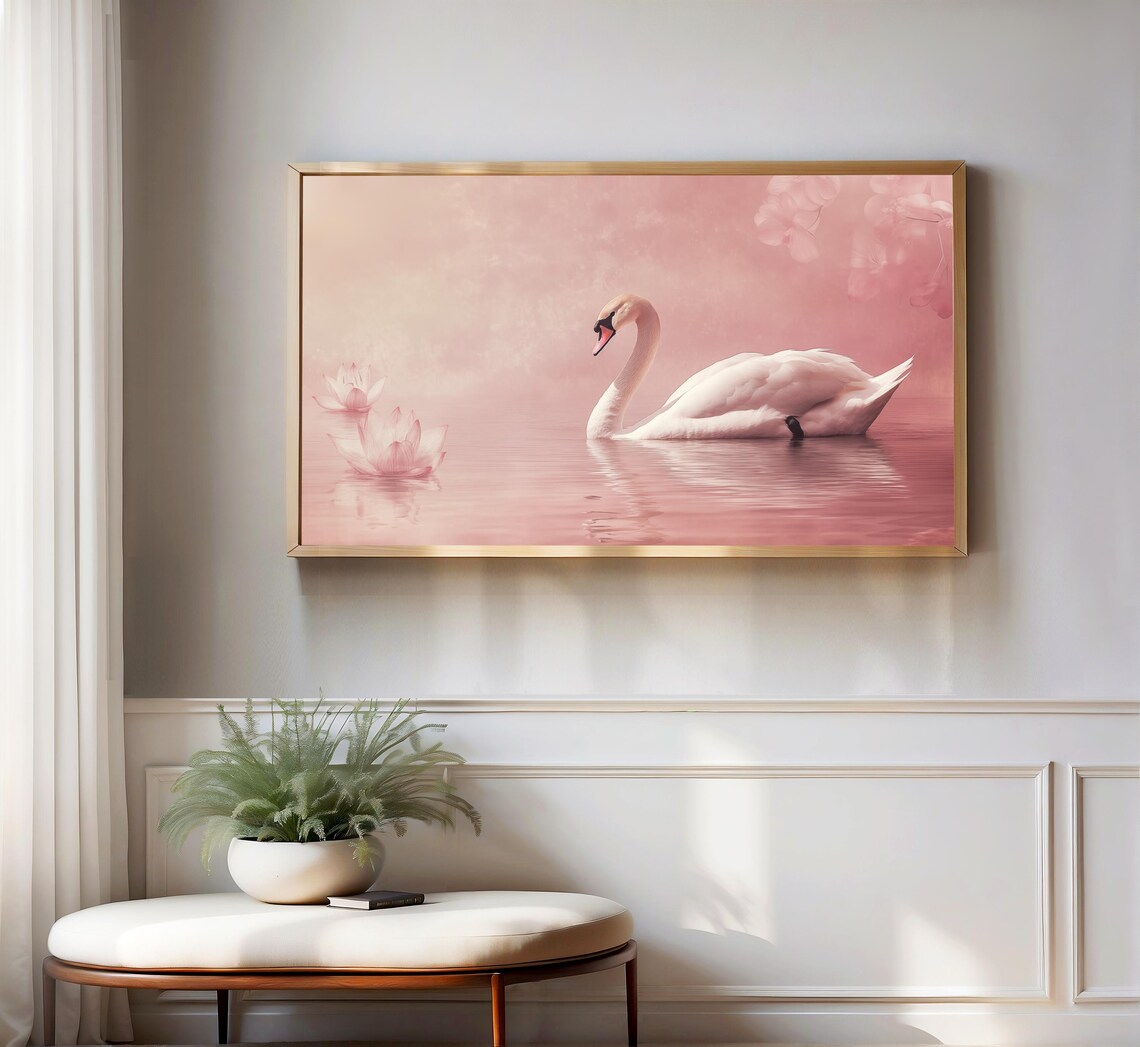 White Swan on Blush Pink Lake Lotus Flowers Nature Art Poster - Image 3
