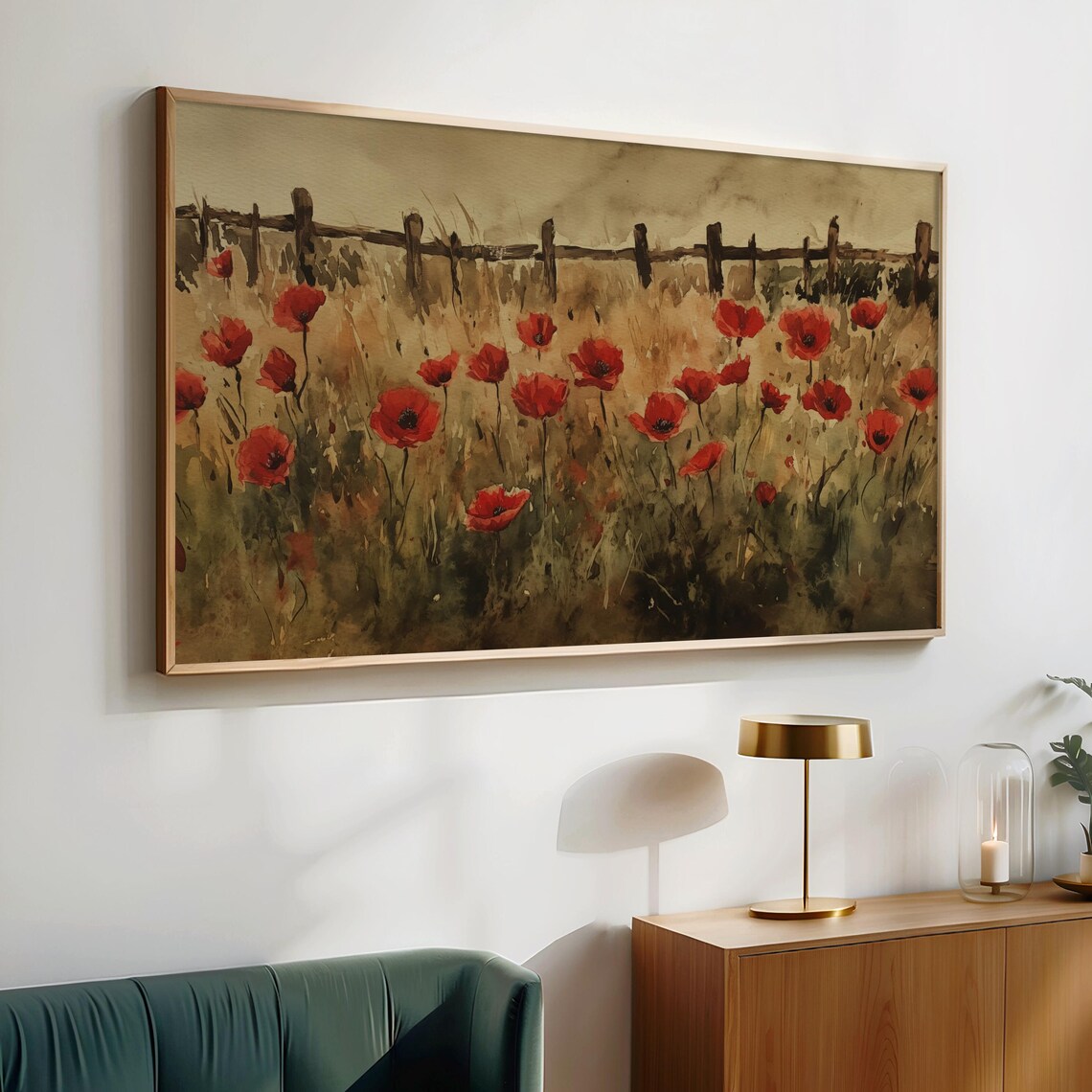 Red Poppy Field Wooden Fence Rustic Watercolor Landscape Poster - Image 2