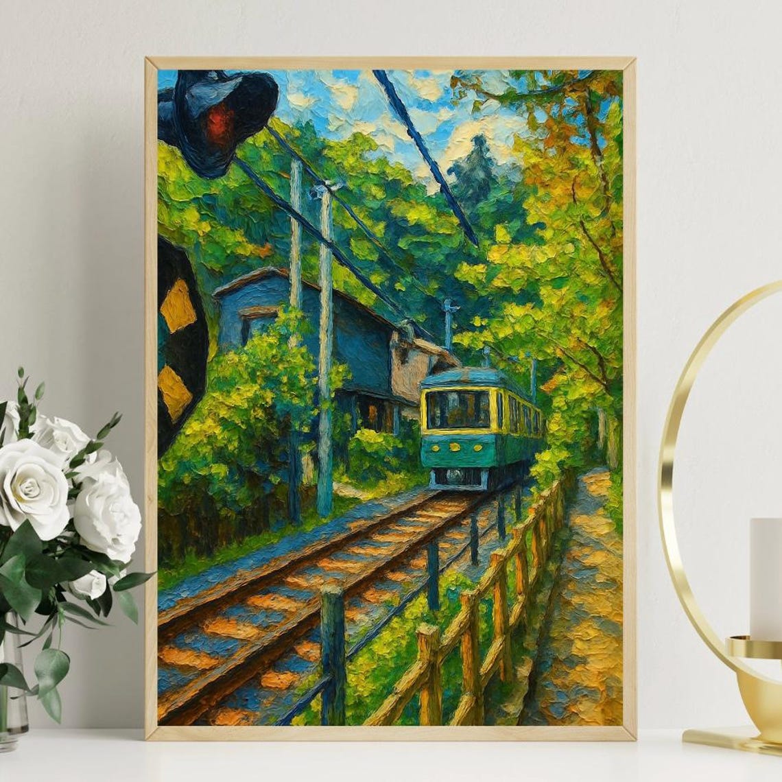 Japan Enoden Train Scenic Poster Green Railway Oil Painting Decor