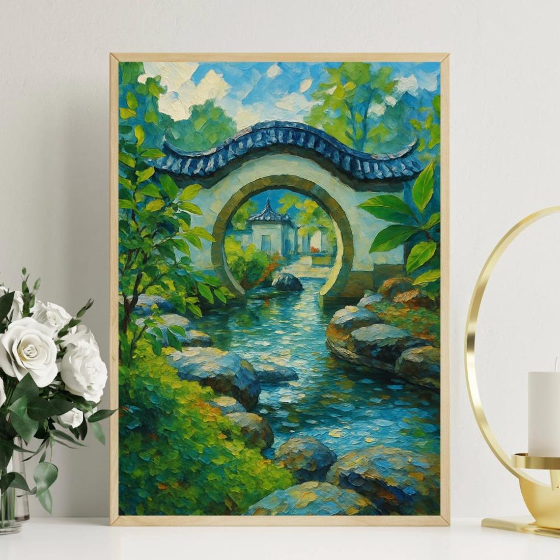 Tranquil Chinese Garden Moon Gate Poster Serene Water Painting Decor