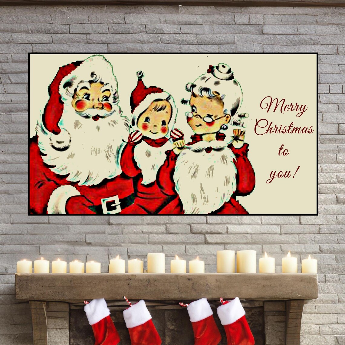 Vintage Retro Santa and Mrs Claus Merry Christmas Greeting Poster