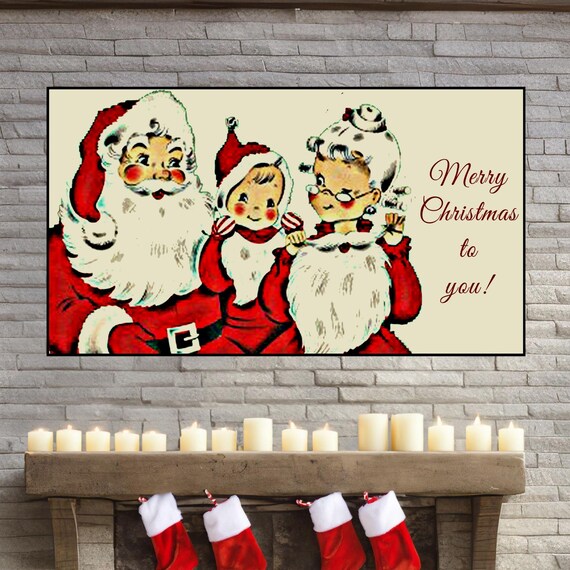 Vintage Retro Santa and Mrs Claus Merry Christmas Greeting Poster