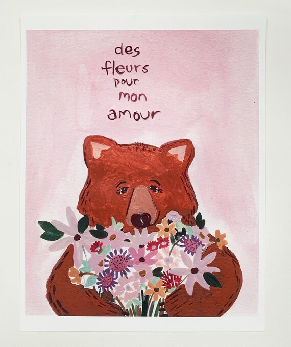 Bear With Flowers Des Fleurs Pour Mon Amour Pink Floral Art Poster