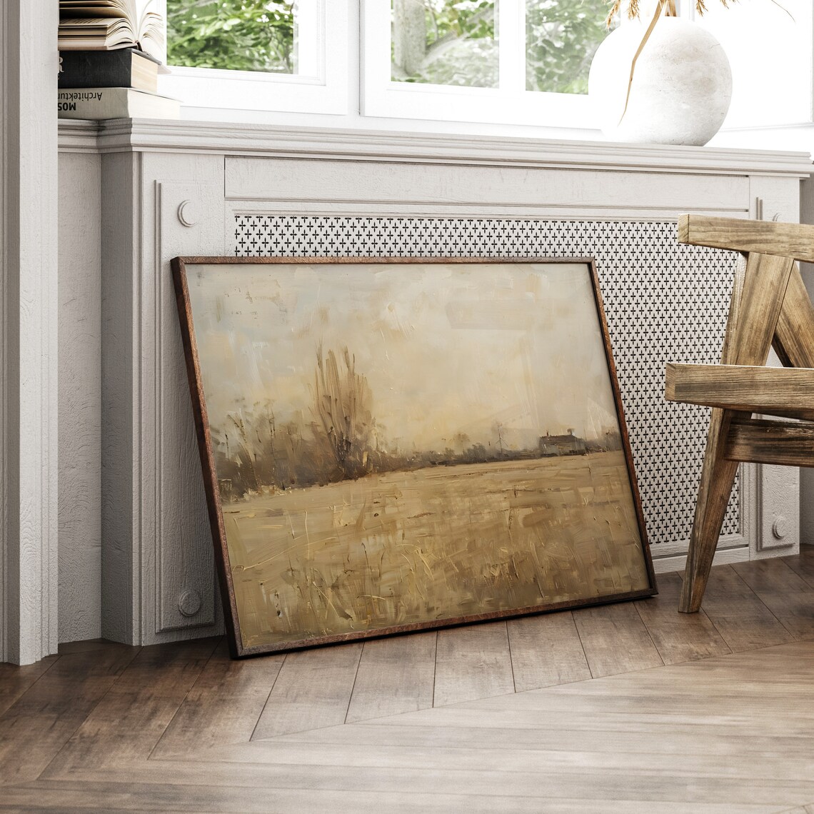Golden Wheat Field Farmhouse Misty Morning Landscape Painting Poster - Image 3