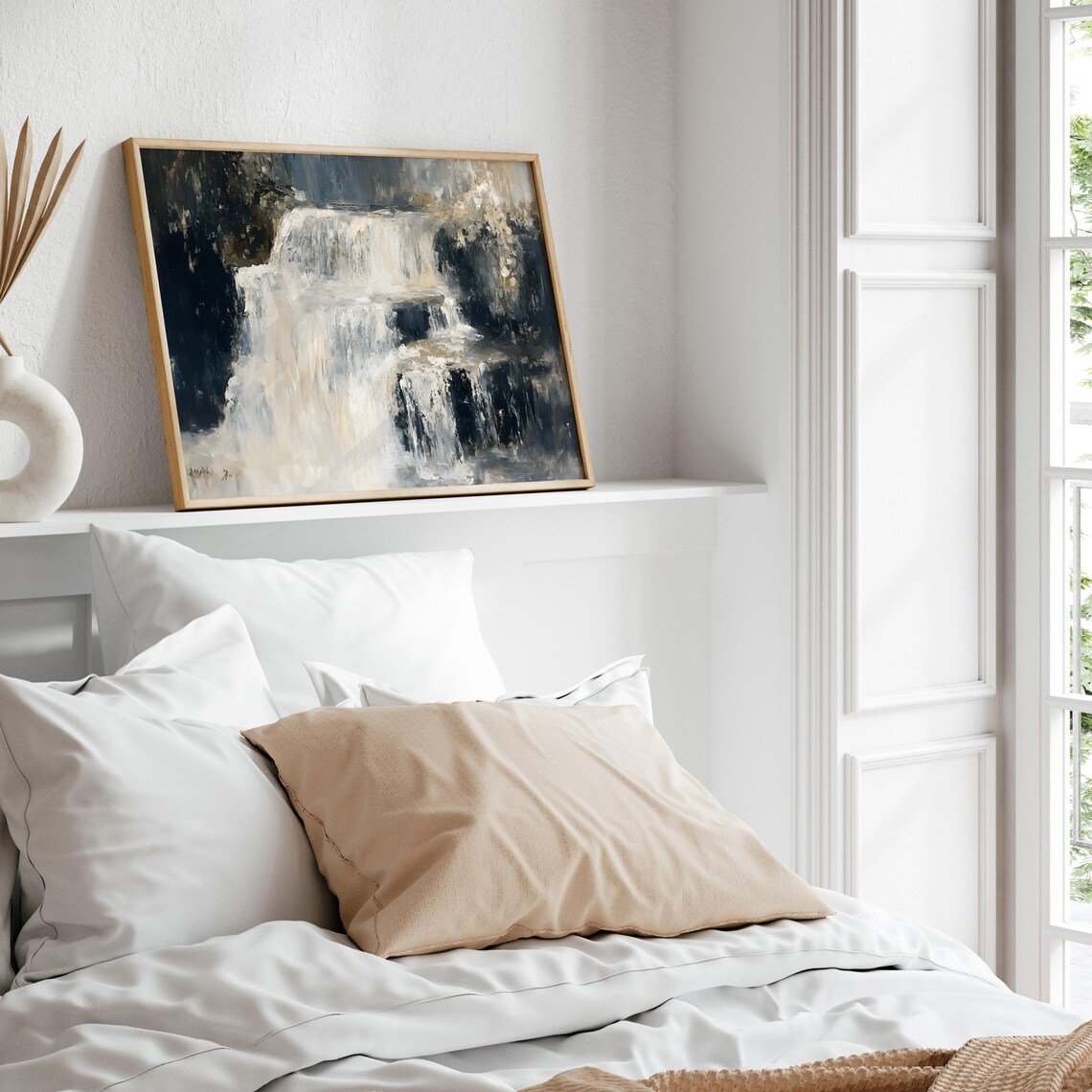 Waterfall In White And Ivory Tones Moody Nature Painting Poster - Image 6