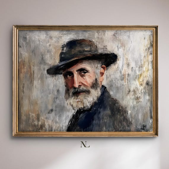 Wall Art Rustic Portrait Of Bearded Man Moody Home Decor Vintage Oil Painting Cosy Farmhouse Impressionist Print