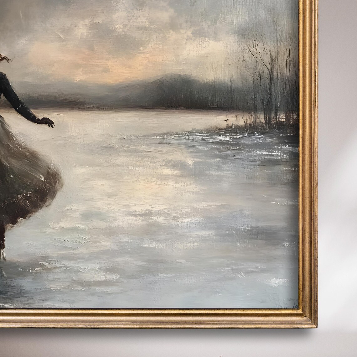 Woman Ice Skating Frozen Lake Dramatic Winter Sky Painting Poster - Image 7
