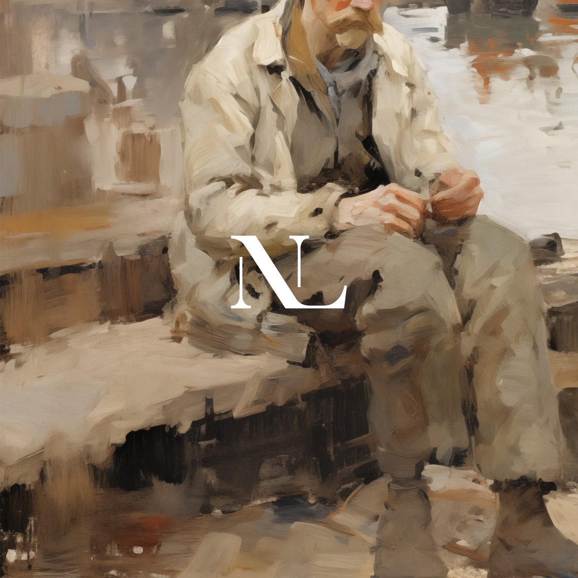 Fisherman Resting On Harbor Dock Vintage Nautical Painting Poster - Image 6