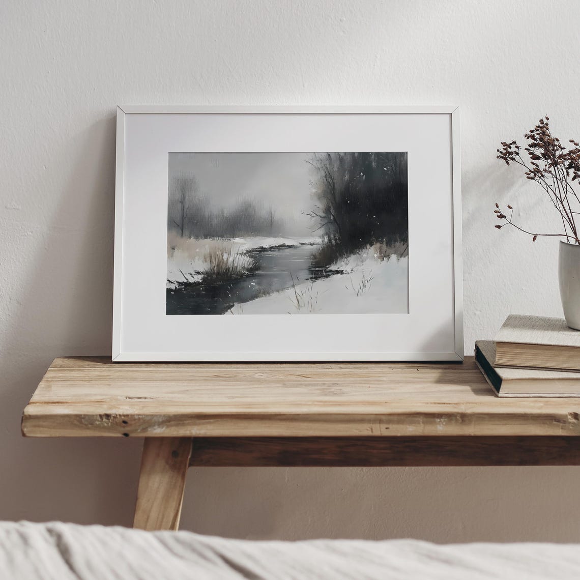 Winter Stream Through Snowy Banks Black And White Nature Poster - Image 6