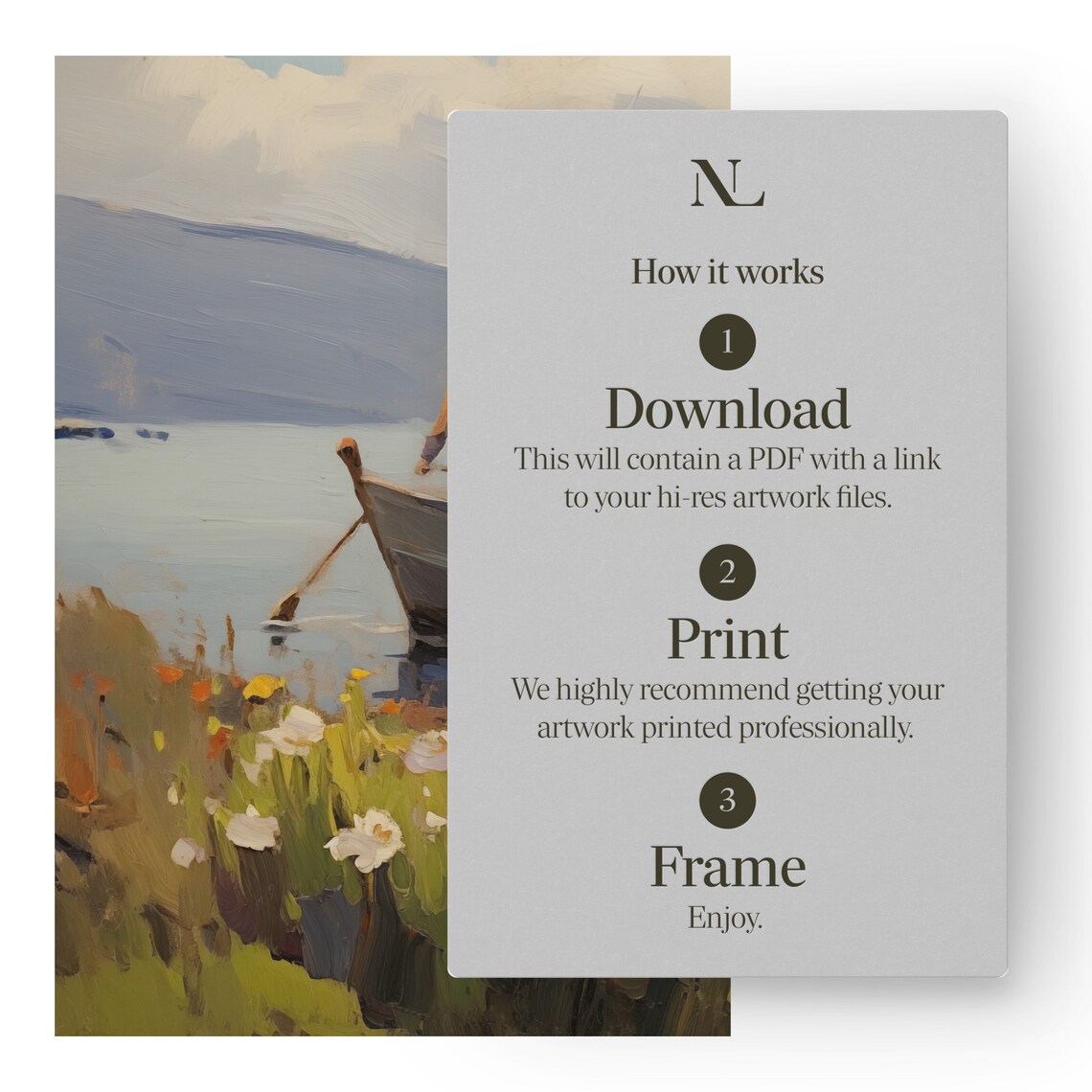 Fishing Boat Crew Wildflower Shore Mountain Lake Painting Poster - Image 4