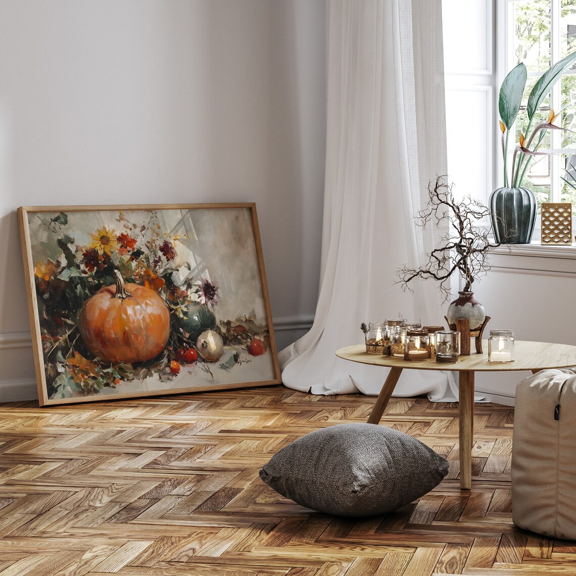 Pumpkin With Sunflowers And Wildflowers Harvest Still Life Poster - Image 5